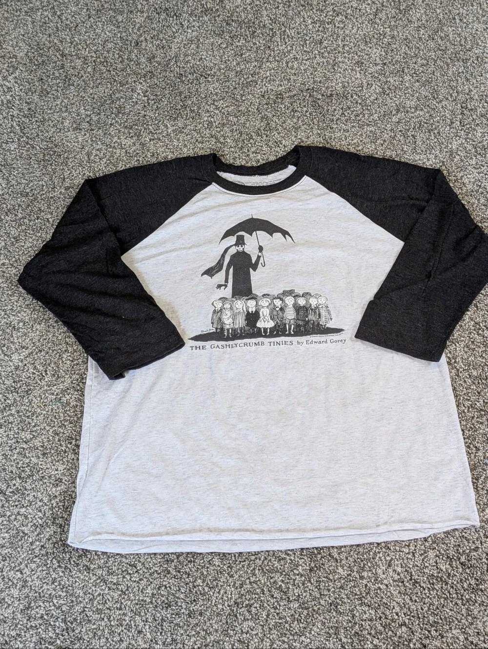 Large Black & Heather Gray Raglan Tee The Gashycrumb Tinies- Edward Gorey - Picture 1 of 4